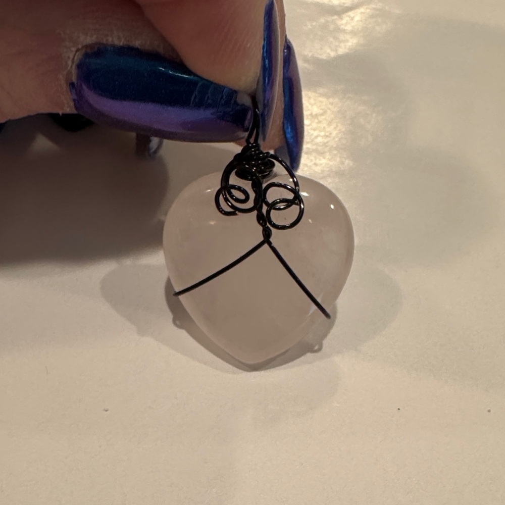 Handcrafted Rose Quartz Heart Pendant Necklace - Black Wire Wrap